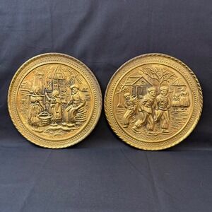 Vintage Embossed Brass Wall Hanging Plates Pair Dutch Village Scenes England 8"